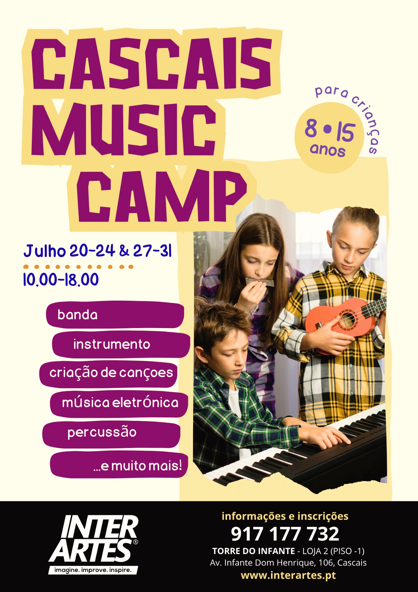 Cartaz do Cascais Music Camp 2026, com datas, horário e principais atividades